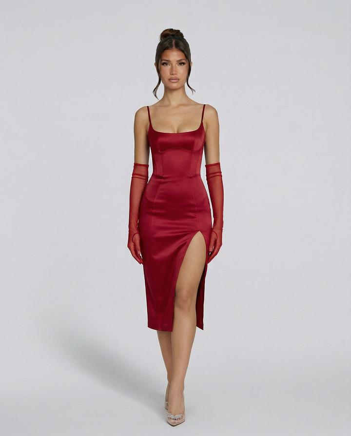 Regina | Satin Corset Midi Dress with Side Slit