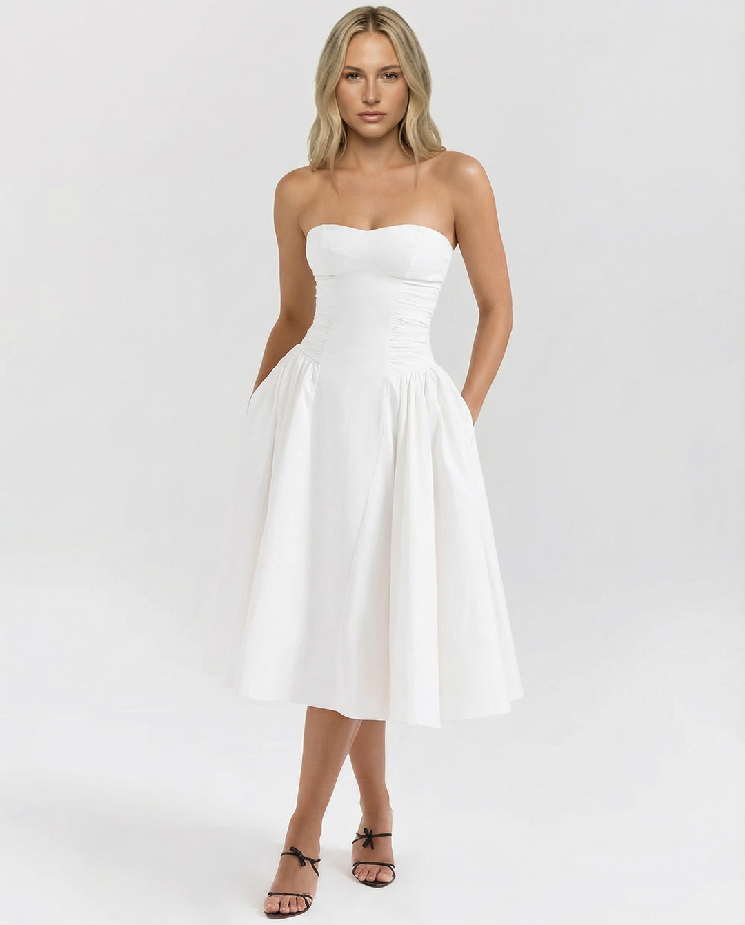 Ellen | Strapless Midi Dress with Gathered Skirt