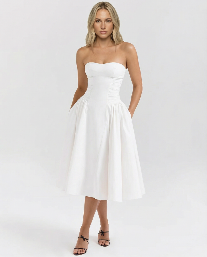 Ellen | Strapless Midi Dress with Gathered Skirt
