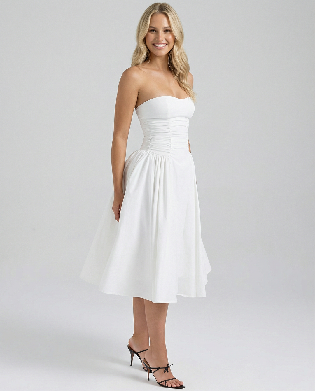 Ellen | Strapless Midi Dress with Gathered Skirt
