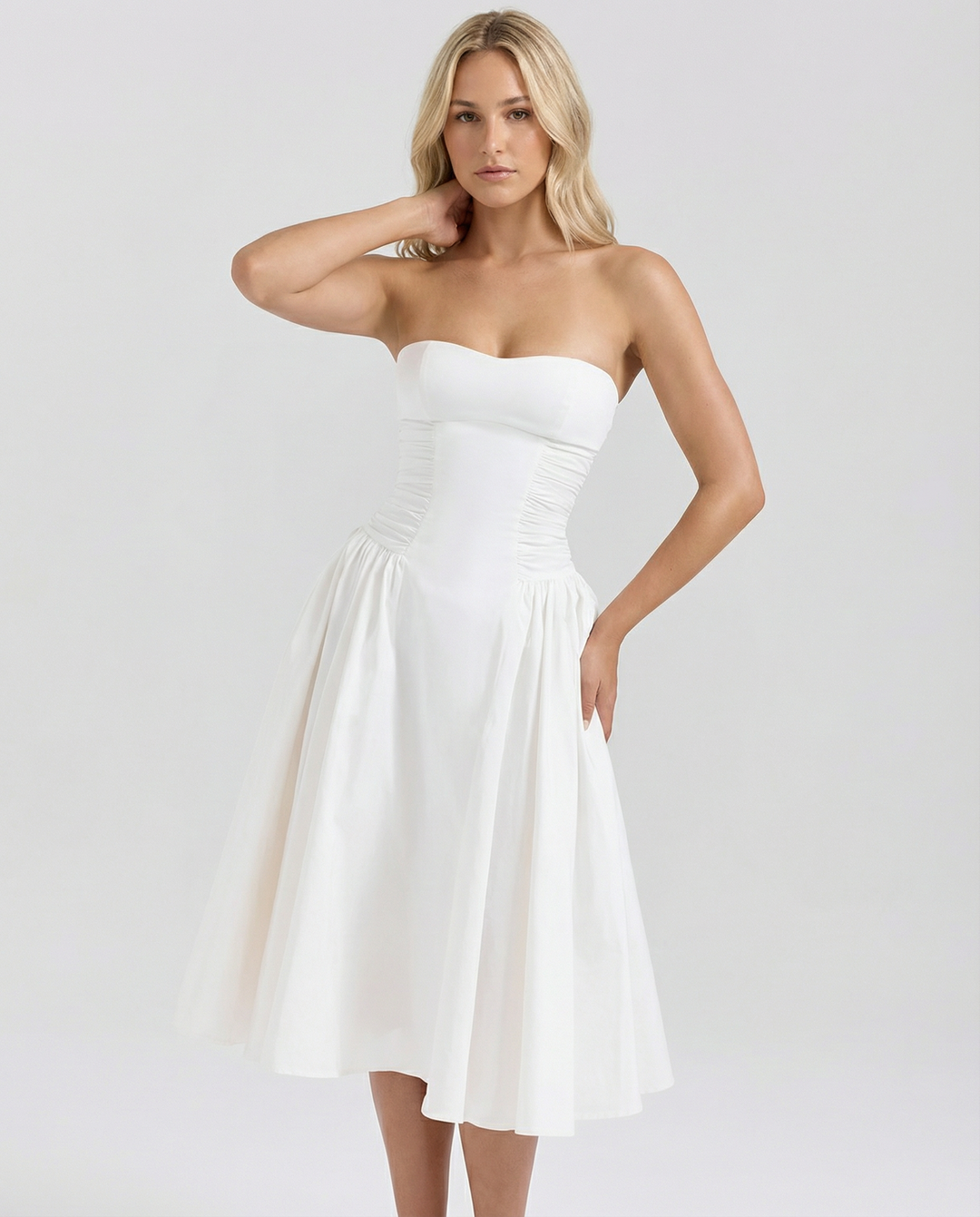 Ellen | Strapless Midi Dress with Gathered Skirt