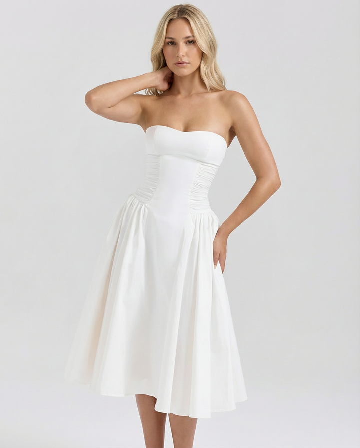 Ellen | Strapless Midi Dress with Gathered Skirt