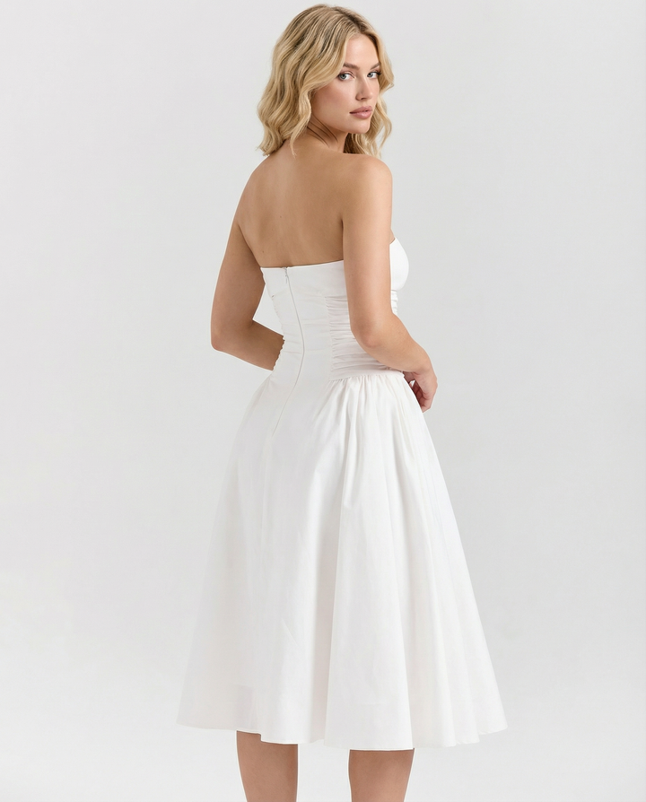 Ellen | Strapless Midi Dress with Gathered Skirt