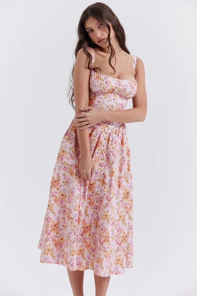 Patsy | Floral Midi Dress with Structured Bodice