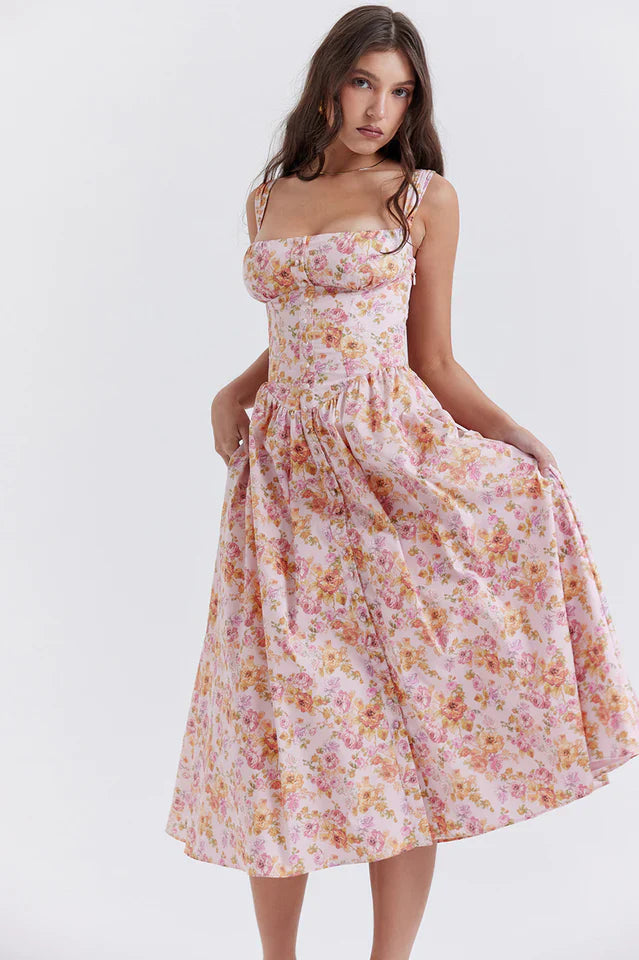 Patsy | Floral Midi Dress with Structured Bodice