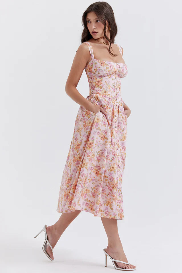 Patsy | Floral Midi Dress with Structured Bodice