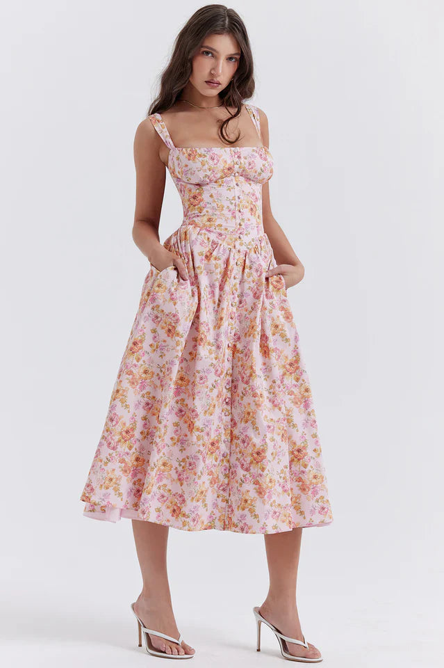 Patsy | Floral Midi Dress with Structured Bodice