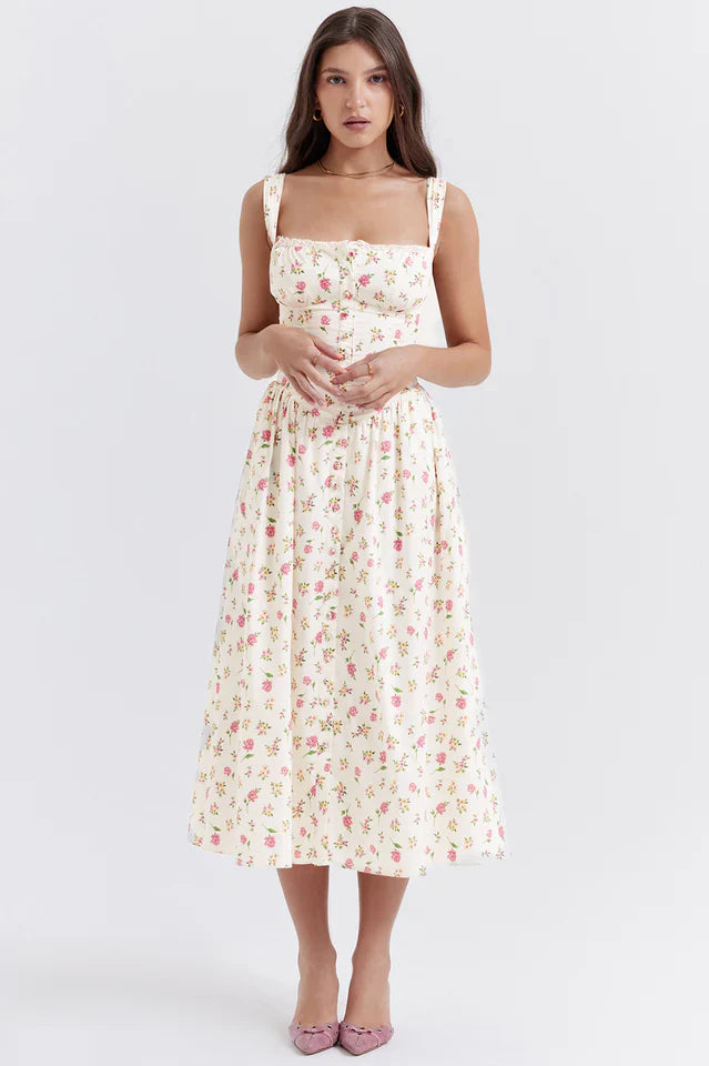 Christy | Midi Sundress with Floral Print and Fitted Bodice