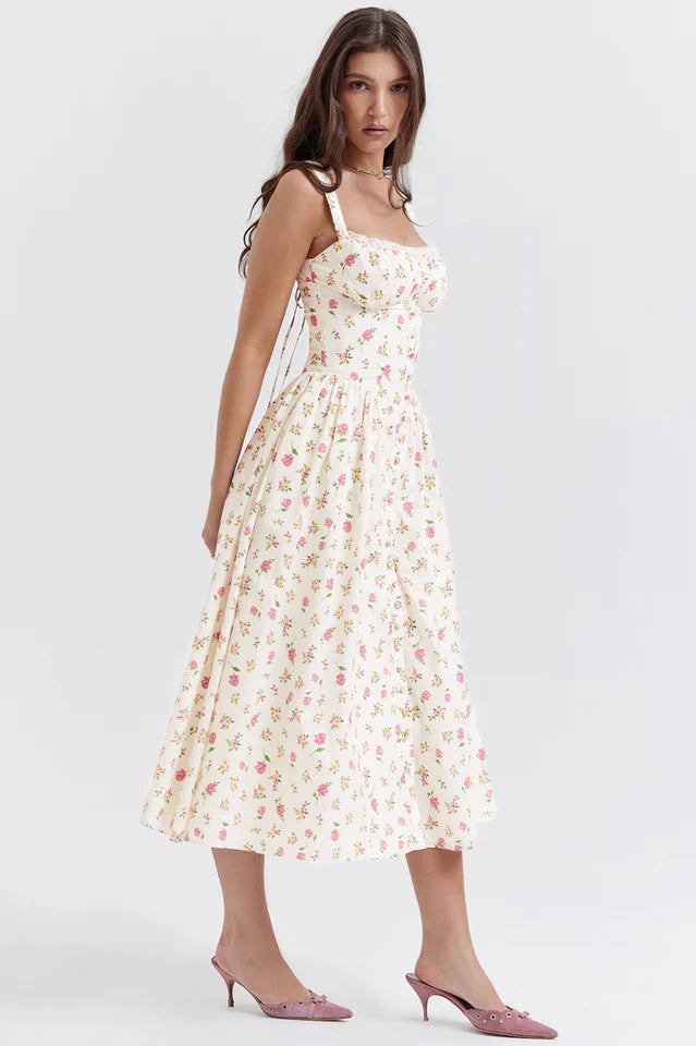 Christy | Midi Sundress with Floral Print and Fitted Bodice