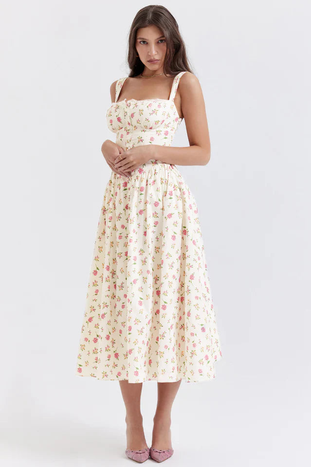 Christy | Midi Sundress with Floral Print and Fitted Bodice