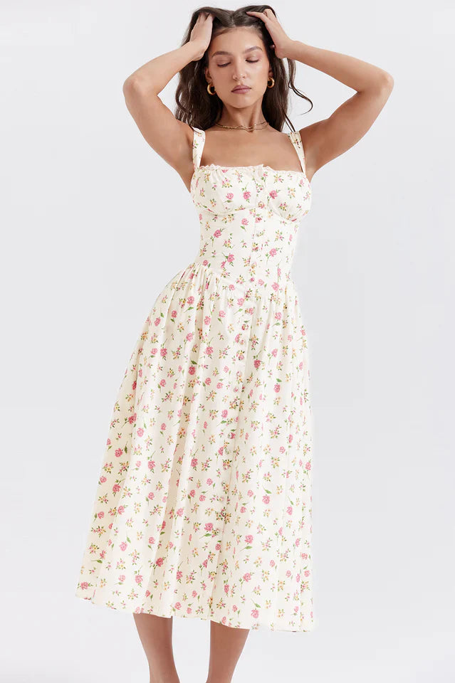Christy | Midi Sundress with Floral Print and Fitted Bodice