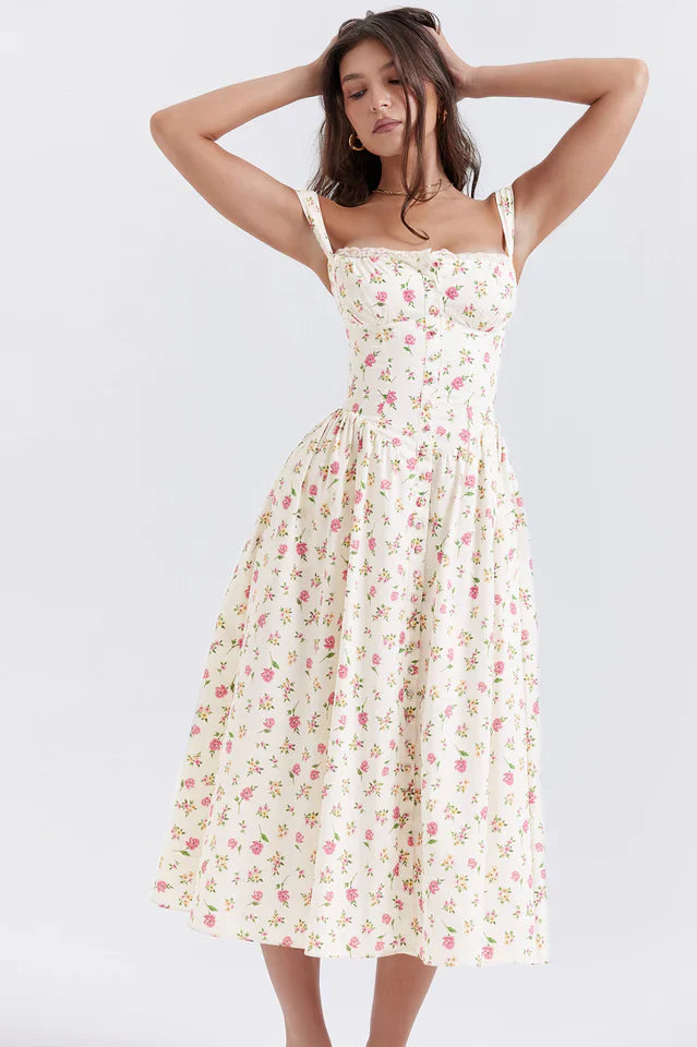 Christy | Midi Sundress with Floral Print and Fitted Bodice