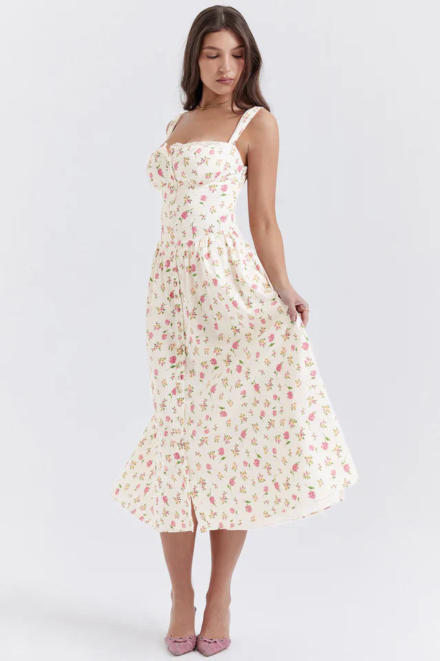 Christy | Midi Sundress with Floral Print and Fitted Bodice