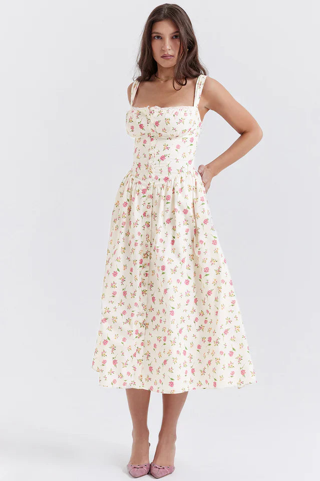 Christy | Midi Sundress with Floral Print and Fitted Bodice