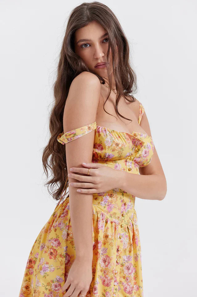 Stacy | Floral Midi Dress with Structured Bodice