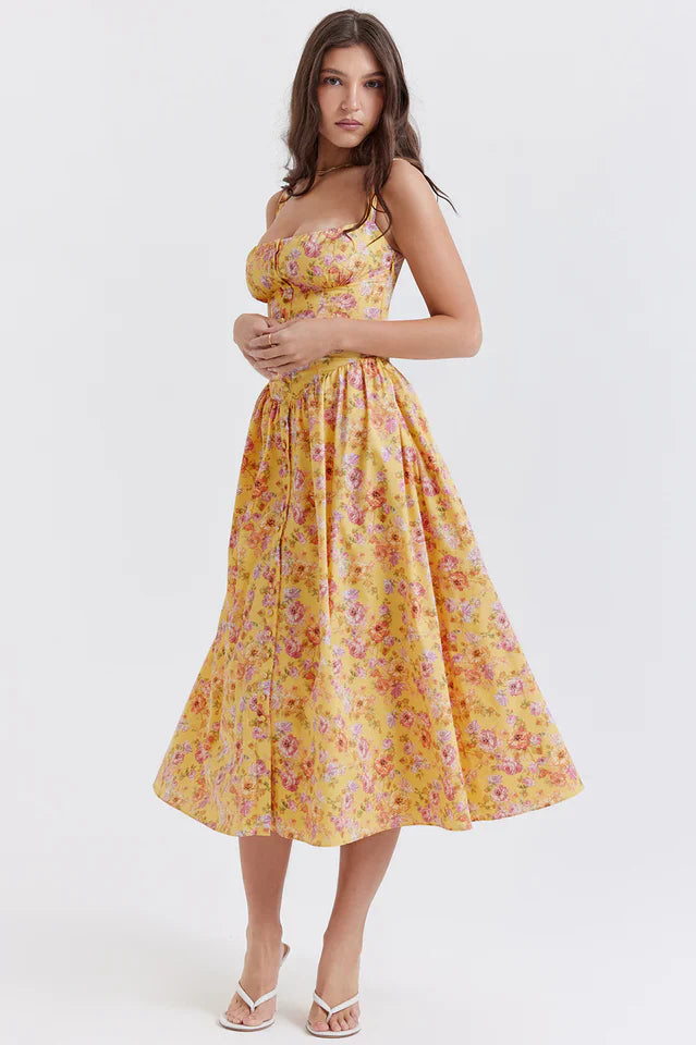Stacy | Floral Midi Dress with Structured Bodice