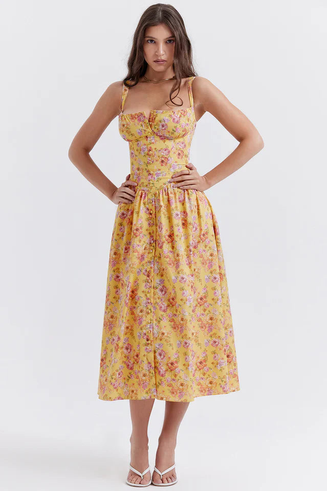 Stacy | Floral Midi Dress with Structured Bodice