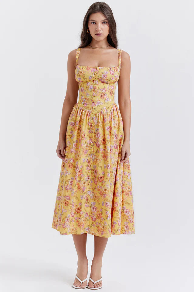 Stacy | Floral Midi Dress with Structured Bodice