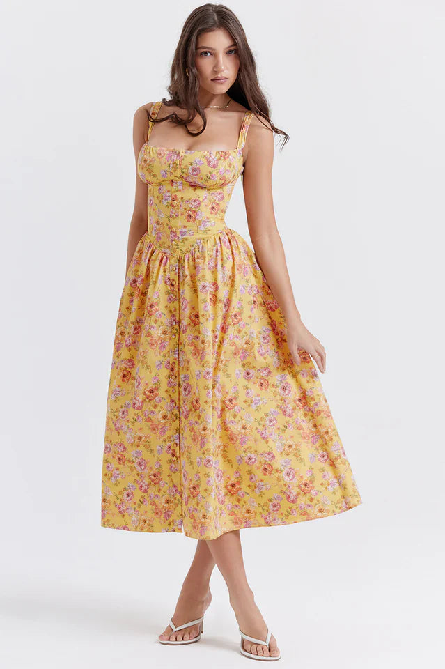 Stacy | Floral Midi Dress with Structured Bodice