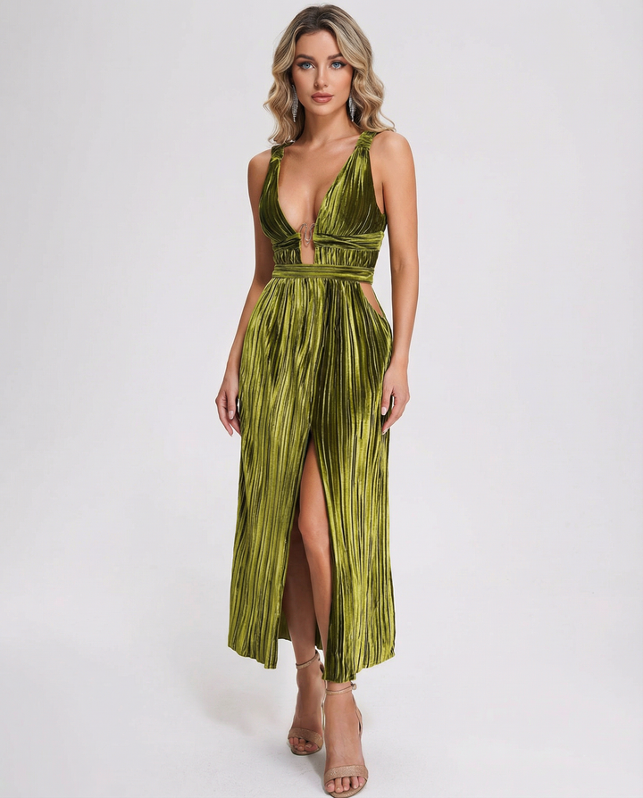 Thyme | Velvet Midi Dress with Front Slit