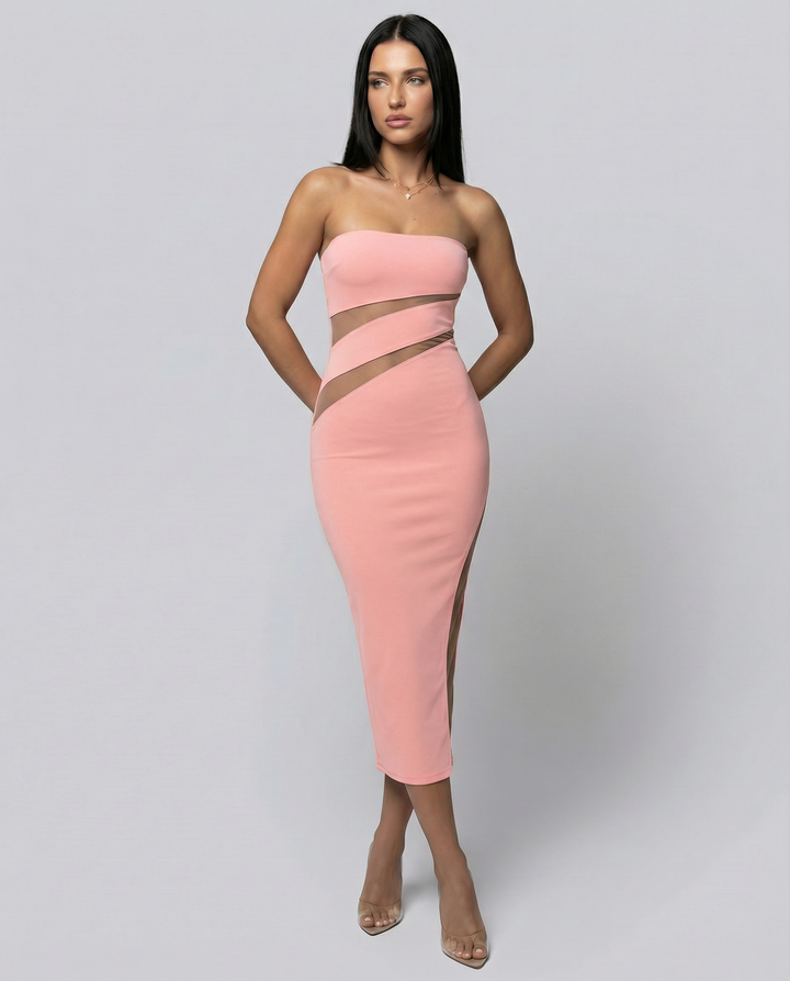 Ashley | Strapless Midi Dress with Sheer Cut-Out Panels