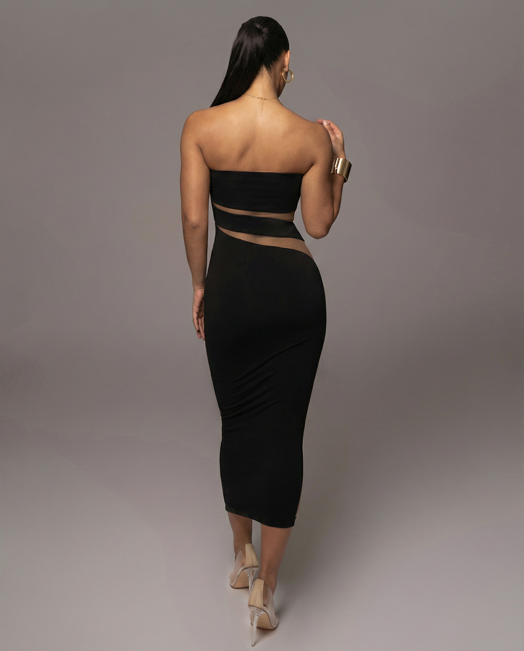Ashley | Strapless Midi Dress with Sheer Cut-Out Panels
