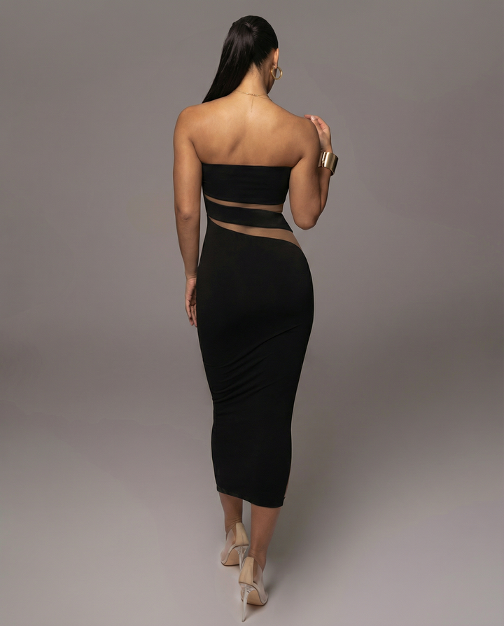 Ashley | Strapless Midi Dress with Sheer Cut-Out Panels