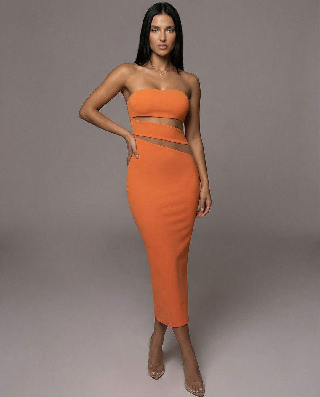 Ashley | Strapless Midi Dress with Sheer Cut-Out Panels