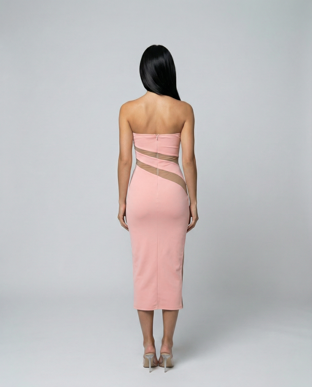 Ashley | Strapless Midi Dress with Sheer Cut-Out Panels