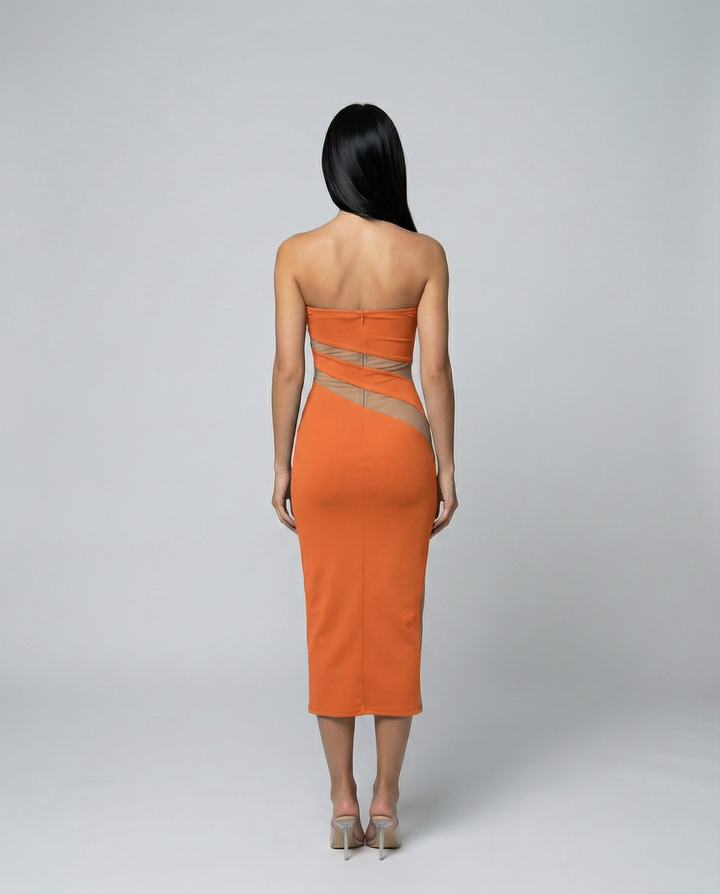 Ashley | Strapless Midi Dress with Sheer Cut-Out Panels