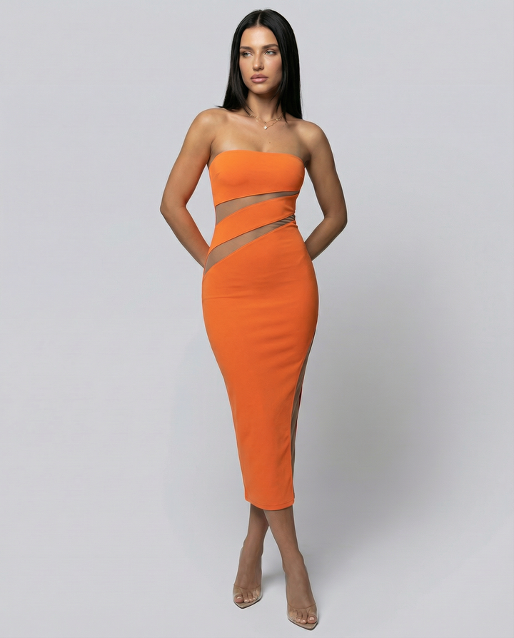 Ashley | Strapless Midi Dress with Sheer Cut-Out Panels