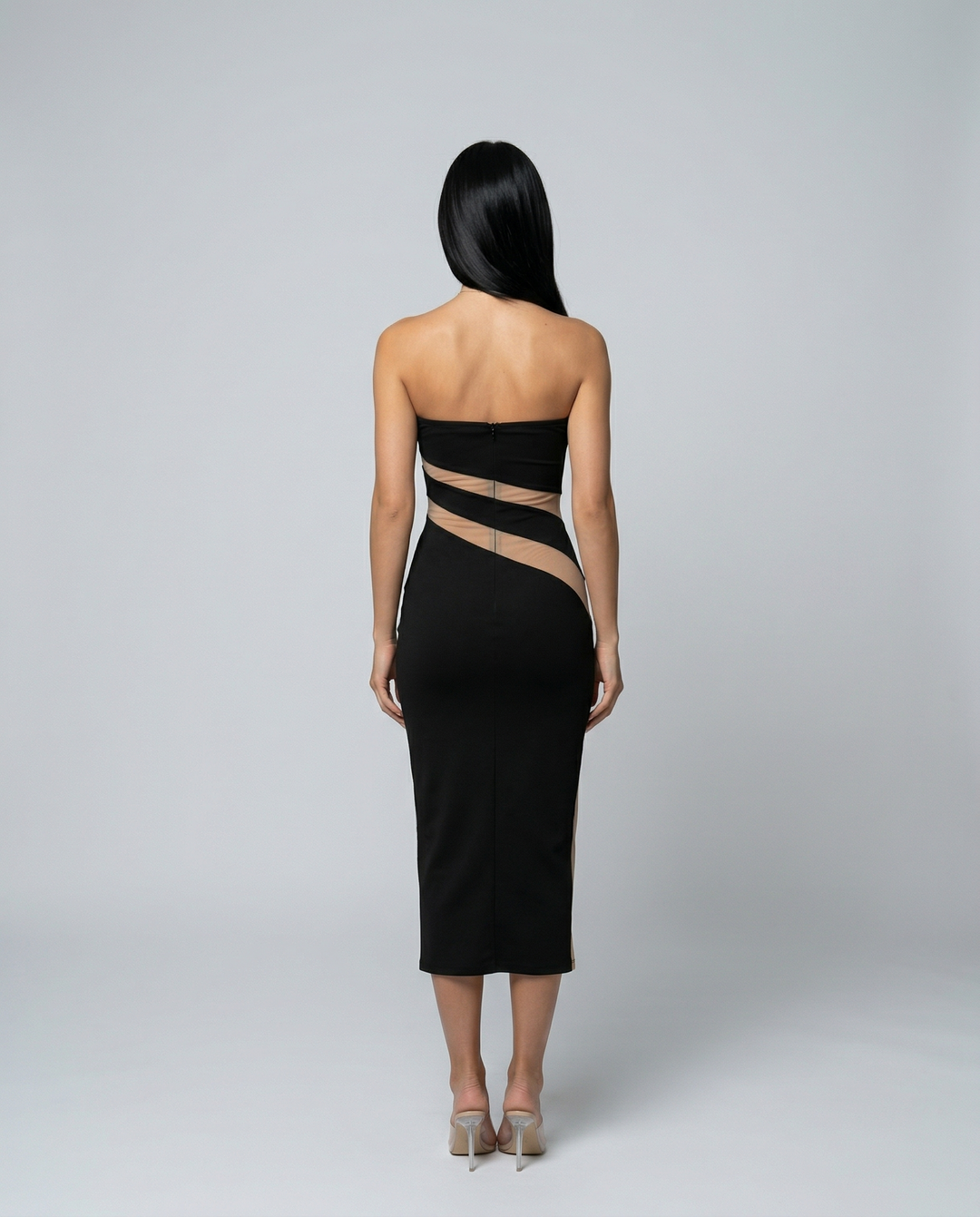 Ashley | Strapless Midi Dress with Sheer Cut-Out Panels