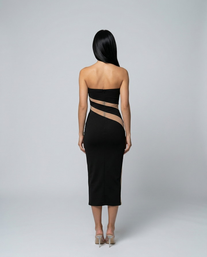 Ashley | Strapless Midi Dress with Sheer Cut-Out Panels