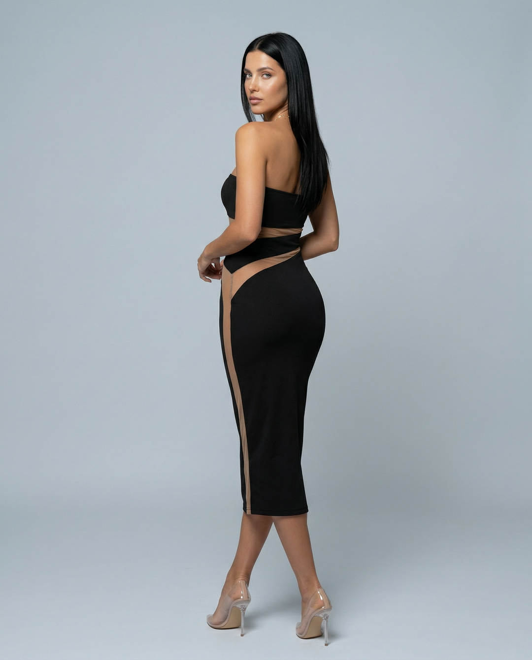 Ashley | Strapless Midi Dress with Sheer Cut-Out Panels