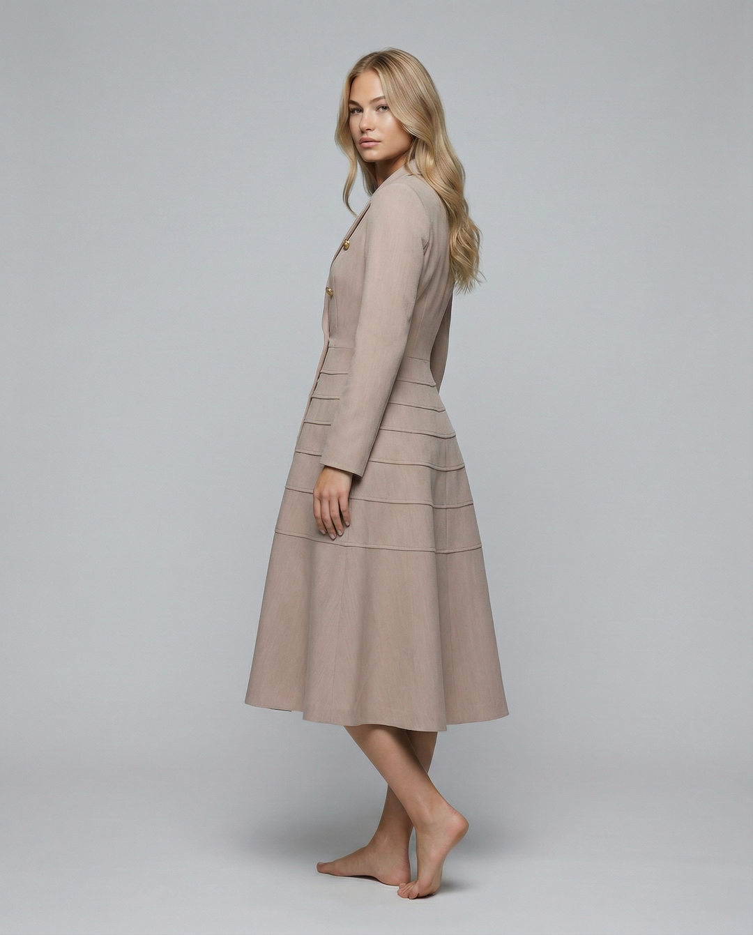 Vansa | Long Sleeve Midi Dress with Double-Breasted Front