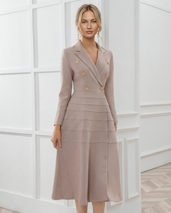 Vansa | Long Sleeve Midi Dress with Double-Breasted Front