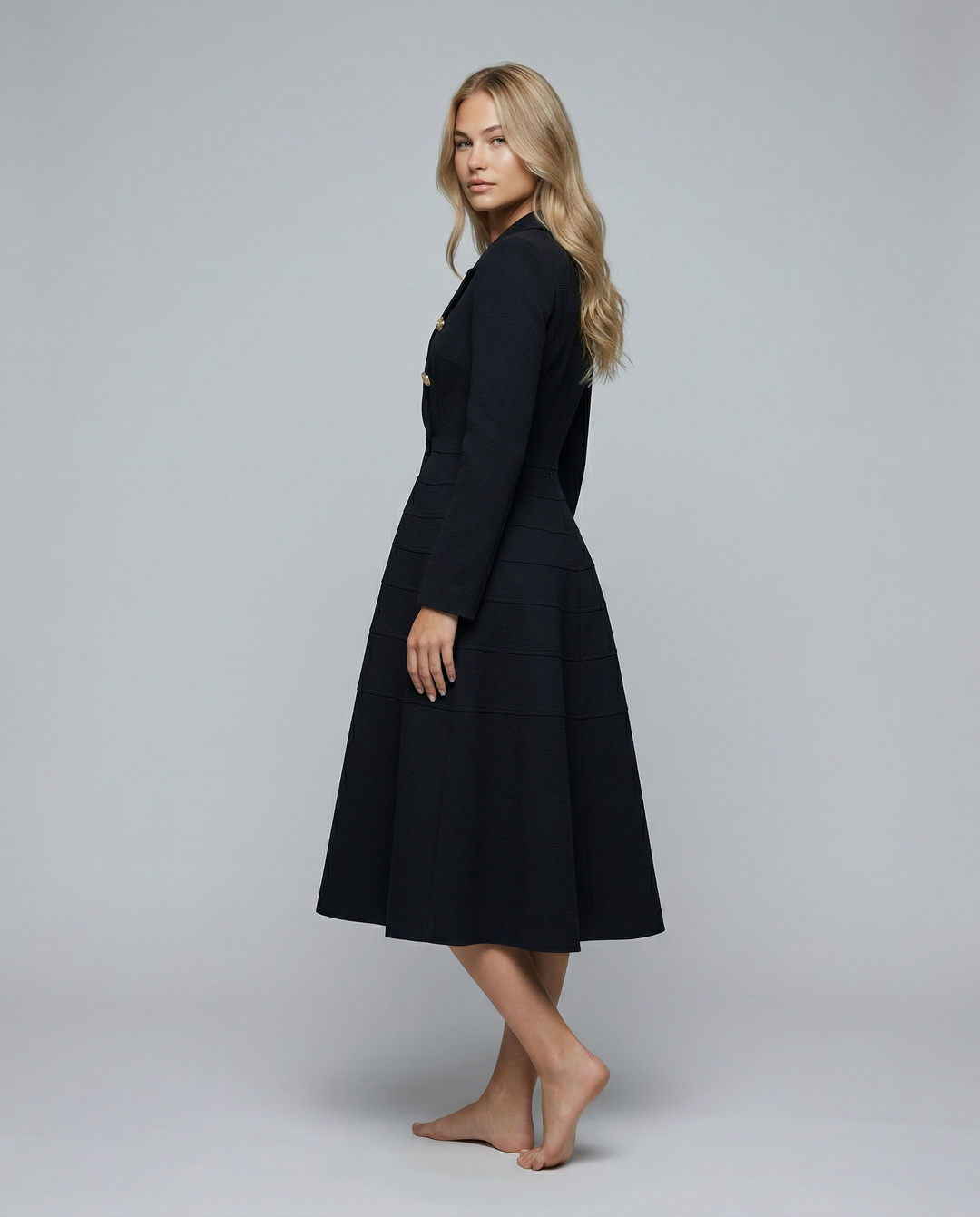 Vansa | Long Sleeve Midi Dress with Double-Breasted Front