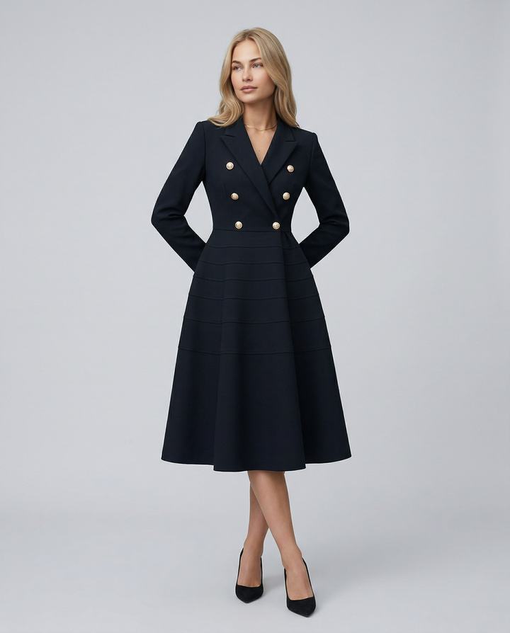 Vansa | Long Sleeve Midi Dress with Double-Breasted Front