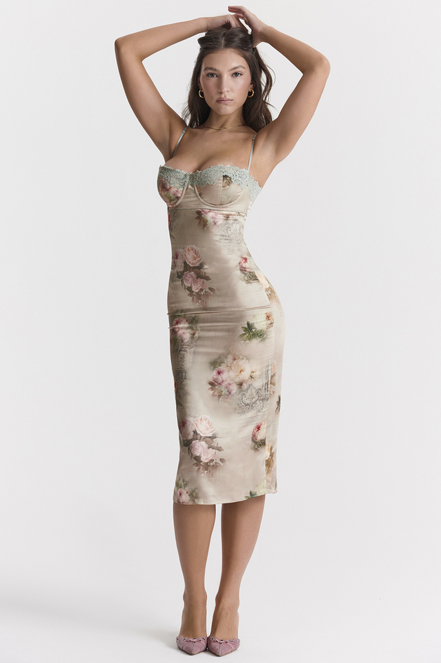 Billie | Floral Midi Dress with Lace Trim Bustier