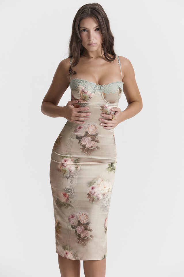 Billie | Floral Midi Dress with Lace Trim Bustier