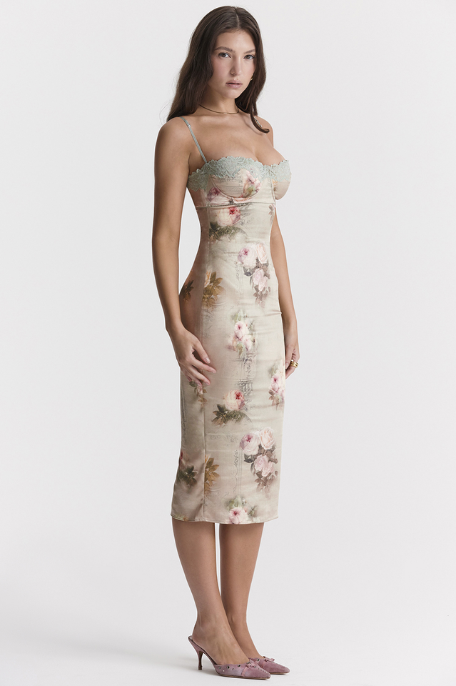 Billie | Floral Midi Dress with Lace Trim Bustier