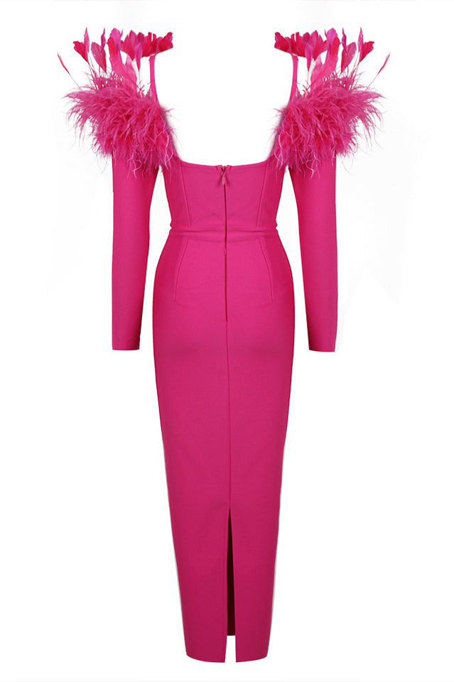 Kathleen | Off-Shoulder Midi Dress with Feather Trim