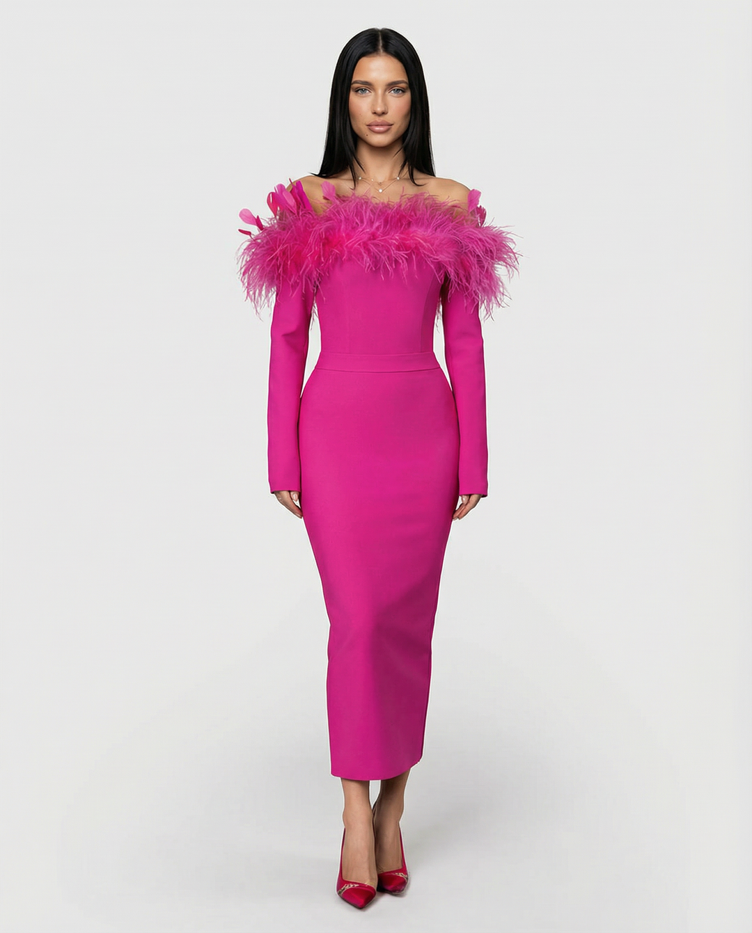 Kathleen | Off-Shoulder Midi Dress with Feather Trim