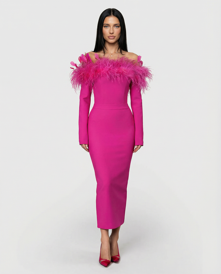 Kathleen | Off-Shoulder Midi Dress with Feather Trim