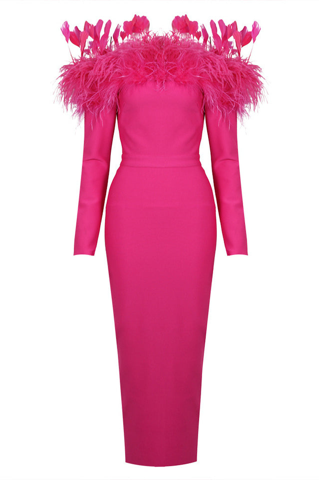 Kathleen | Off-Shoulder Midi Dress with Feather Trim