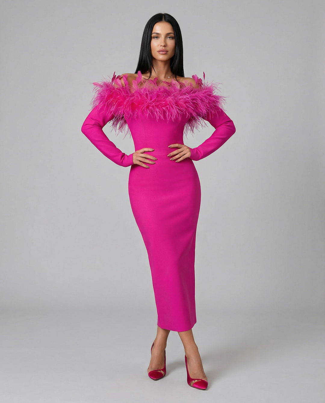 Kathleen | Off-Shoulder Midi Dress with Feather Trim