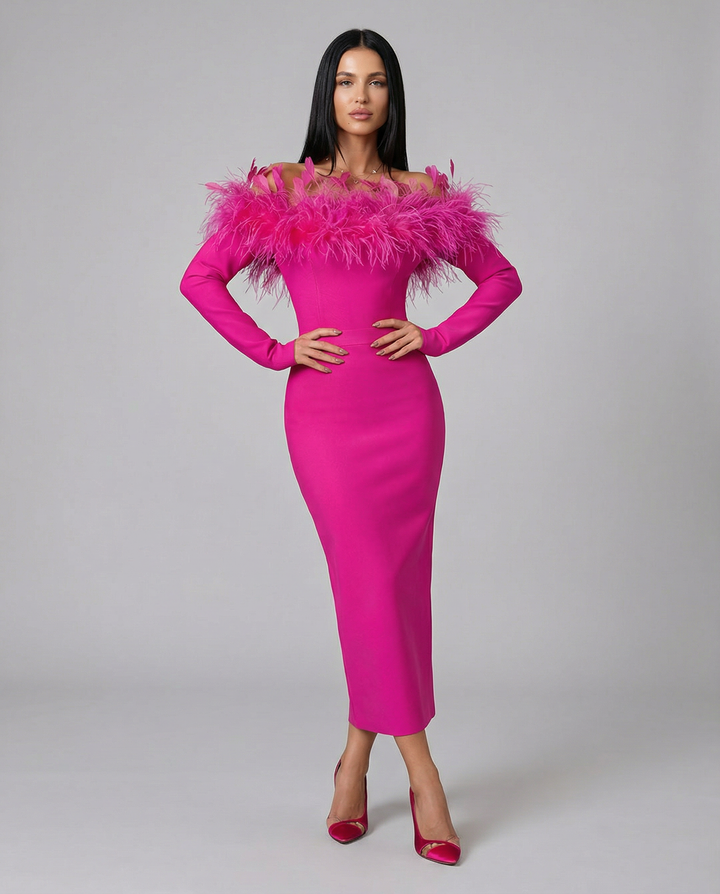 Kathleen | Off-Shoulder Midi Dress with Feather Trim