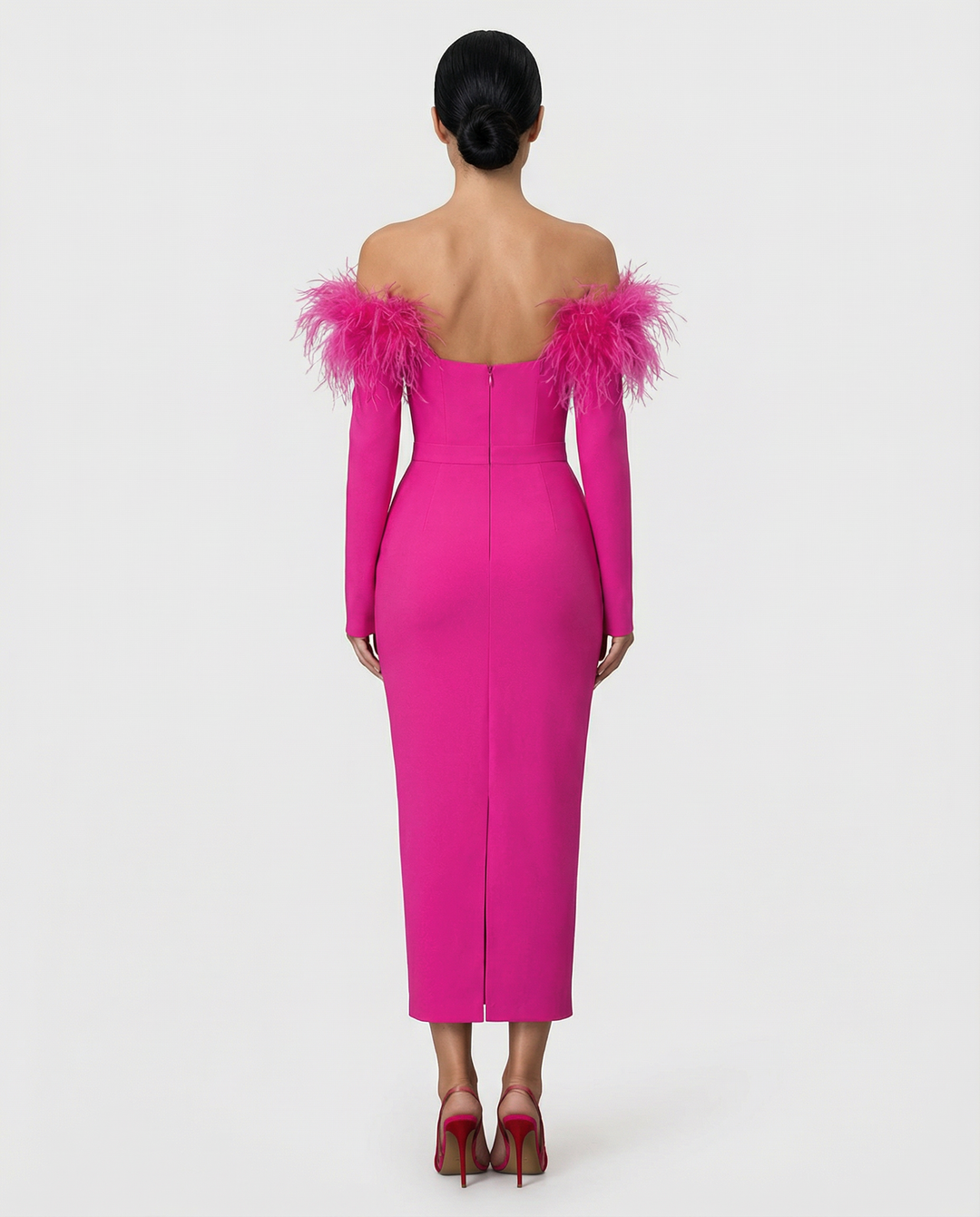 Kathleen | Off-Shoulder Midi Dress with Feather Trim