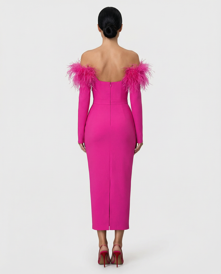 Kathleen | Off-Shoulder Midi Dress with Feather Trim