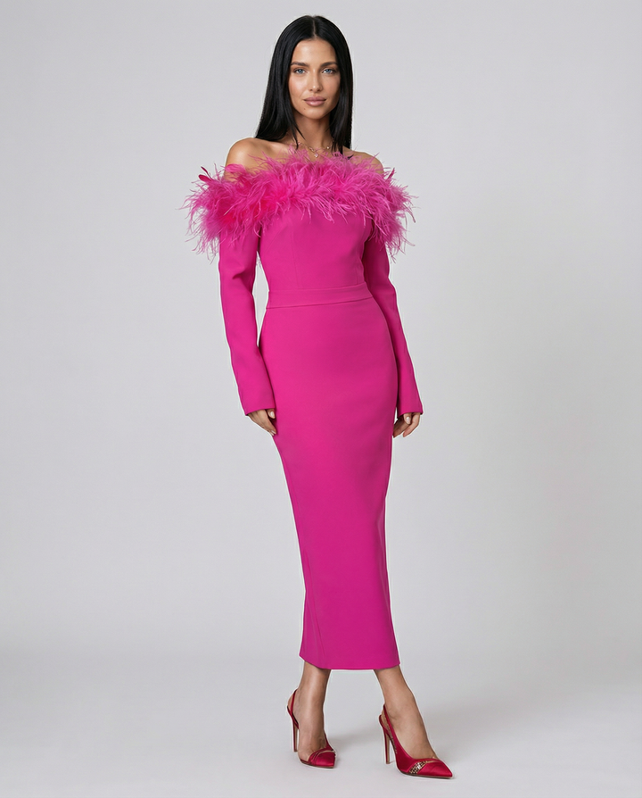 Kathleen | Off-Shoulder Midi Dress with Feather Trim